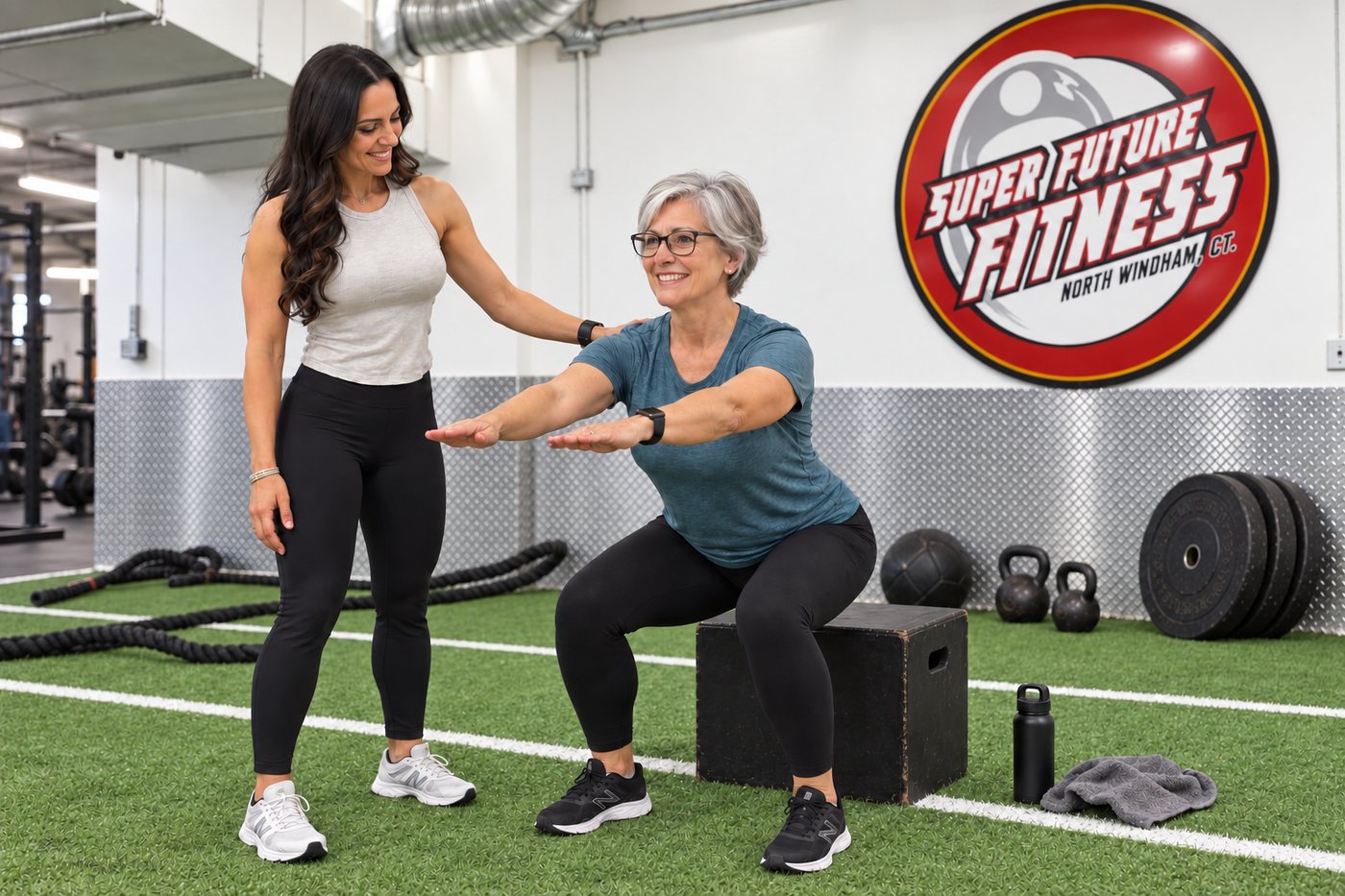 A personal trainer coaching a member through a box squat on the turf at Super Future Fitness